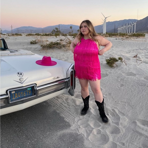 Hot Pink Fringe Halter Dress - Picture 2 of 6